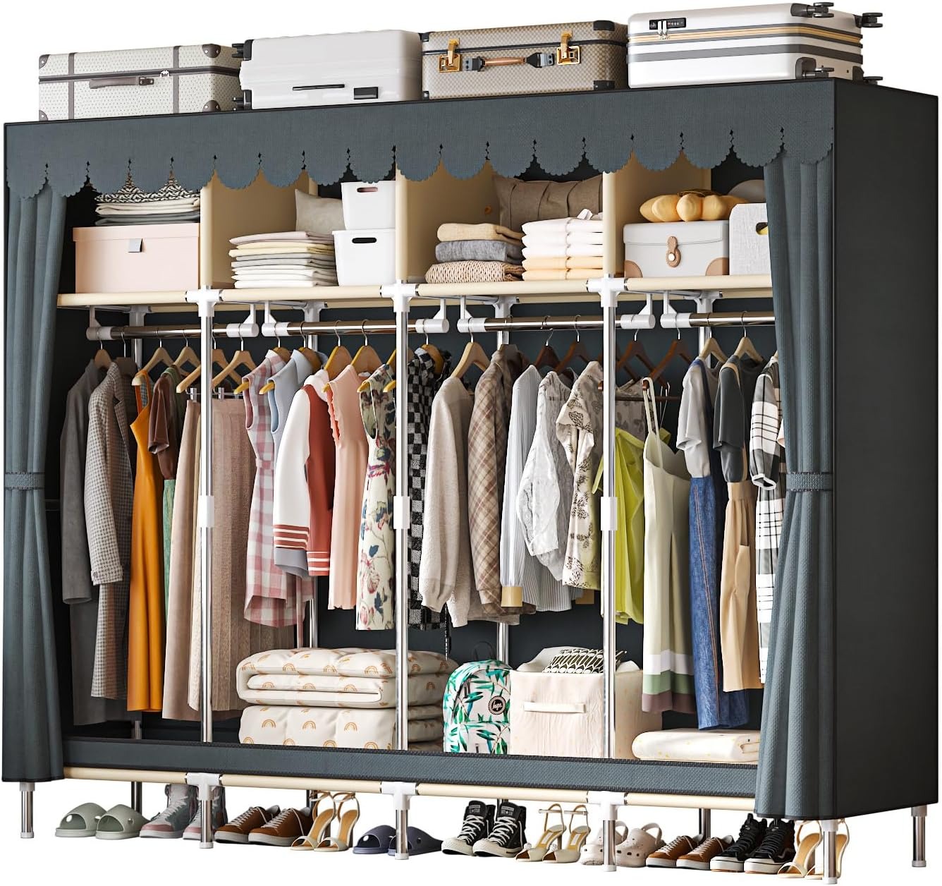 Wardrobe Closet Portable Fabric Cover - ตู้เสื้อผ้าแบบพกพาขนาด 79 นิ้ว แบบกว้างพิเศษ พร้อมลิ้นชักและผ้าคลุมกันฝุ่นเต็มตัว จัดเก็บเสื้อผ้าได้เยอะหลายชั้น