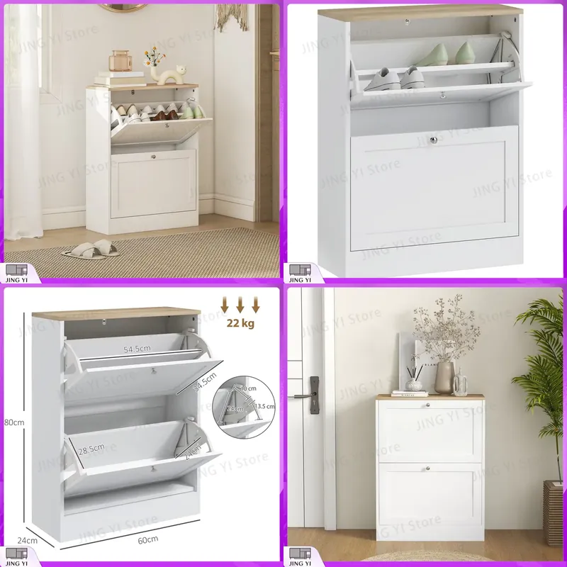 Shoe Rack Cabinet Narrow Entryway - ตู้เก็บรองเท้าทรงแคบพร้อมลิ้นชักแบบพลิก 2 ชั้น ชั้นวางปรับได้ สีขาว สำหรับจัดเก็บในพื้นที่ขนาดเล็ก