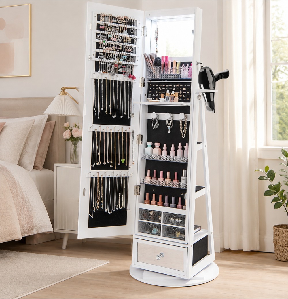 Full Length Mirror Jewelry Armoire - 360 ° ตู้เก็บเครื่องประดับแบบหมุนได้พร้อมกระจกเต็มตัว, ไฟ LED 6
