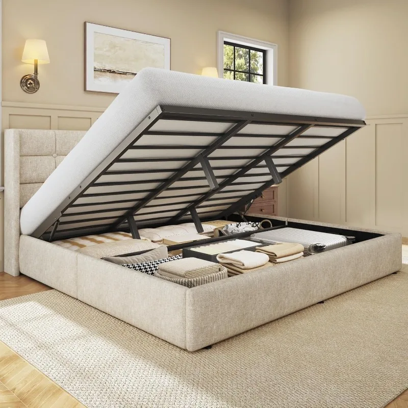 Gas Lift Storage Bed Hydraulic - เตียงยกเก็บของขนาดคิงไซส์ HISOFT, เตียงแพลตฟอร์มหุ้มผ้าลินินพร้อมหัวเตียงแบบมีปีกด้านหลัง, ระบบไฮดรอลิกแก๊สแข็งแรงทนทาน