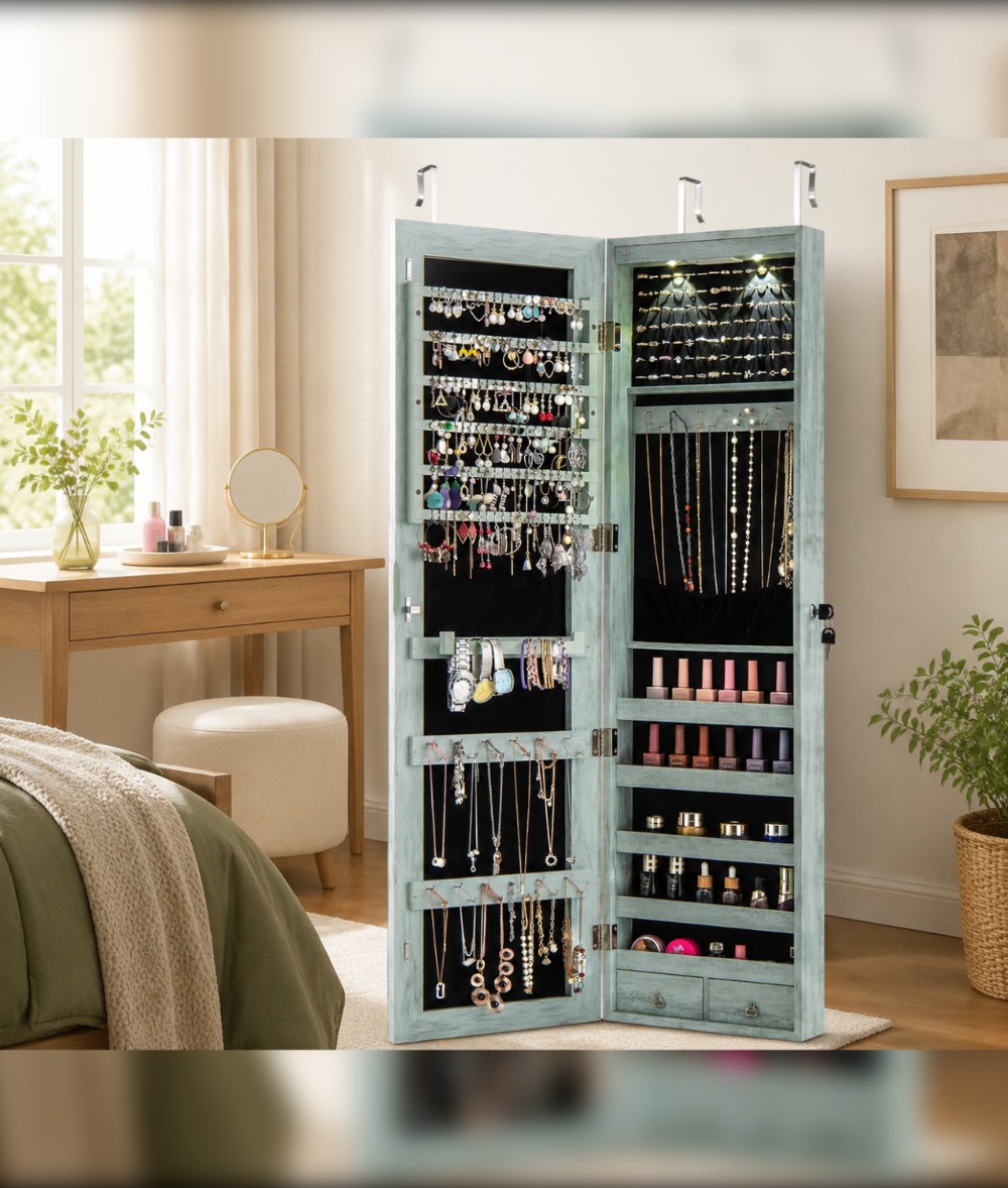 Full Length Mirror Jewelry Armoire - ตู้เก็บเครื่องประดับติดผนังหรือประตูพร้อมกระจกเต็มตัว, ตู้ล็อคได้, ไฟ LED 2 ดวง,