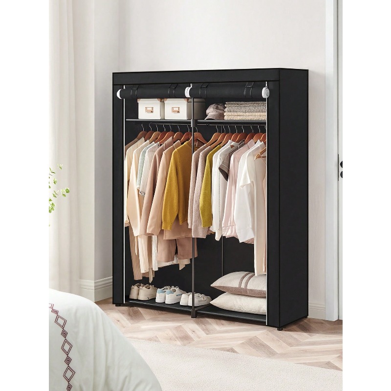 Wardrobe Closet Portable Fabric Cover - ตู้เสื้อผ้าสีดำแบบพกพาสำหรับห้องนอน ราวแขวนเสื้อผ้าพร้อมผ้าคลุมแบบไม่ทอ อุปกรณ์จัดเก็บเสื้อผ้า ขนาด 55.1 x