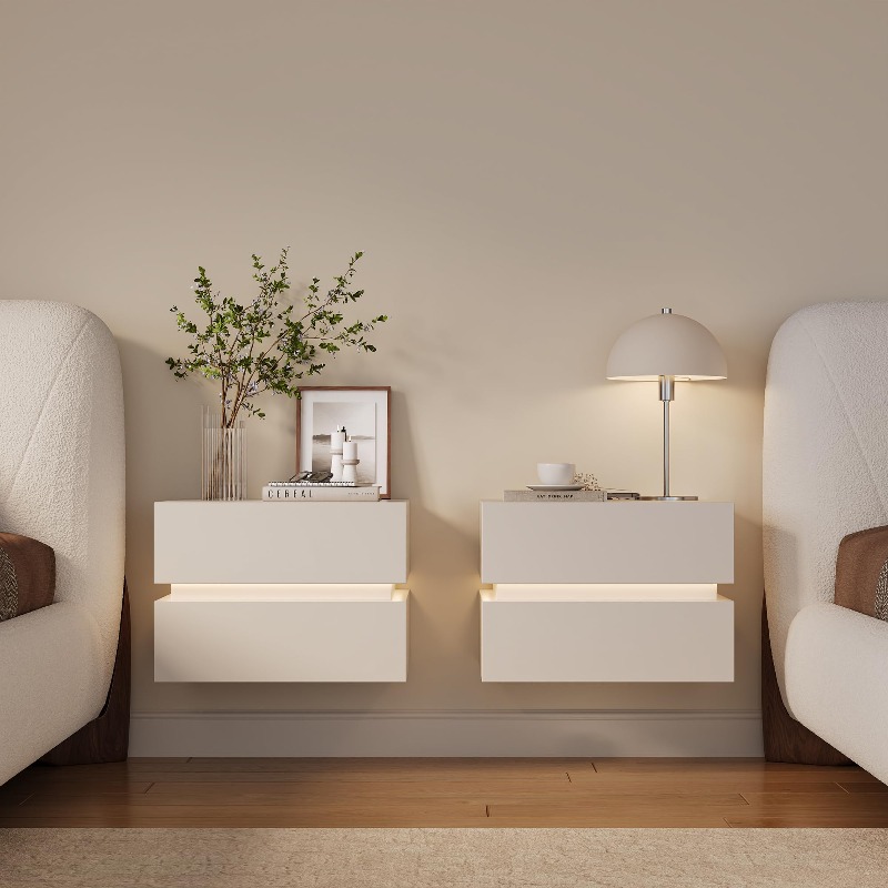 Floating Nightstand With Led Light - ชุดโต๊ะข้างเตียงลอยตัว 2 ชิ้น พร้อมไฟ LED, โต๊ะข้างเตียงแบบติดผนัง
