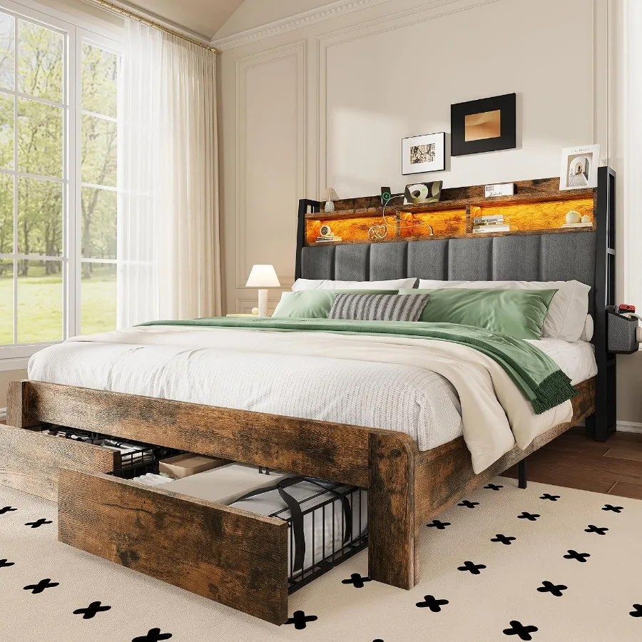 King Size Bed Frame With Storage Drawers - โครงเตียงขนาดคิงไซส์ พร้อมลิ้นชักเก็บของ 2 ช่อง หัวเตียงบุผ้าสีน้ำตาล พร้อมสถานีชาร์จและไฟ