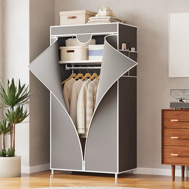 Wardrobe Closet Portable Fabric Cover - ตู้เสื้อผ้าแบบพกพา ทำจากผ้า มีสีแดง/เทา/น้ำเงิน/สีน้ำตาล พร้อมผ้าคลุมกันฝุ่นแบบมีซิป ตู้เก็บเสื้อผ้าแบบตั้งพื้น พร้อมราวแขวนและชั้นวางของ