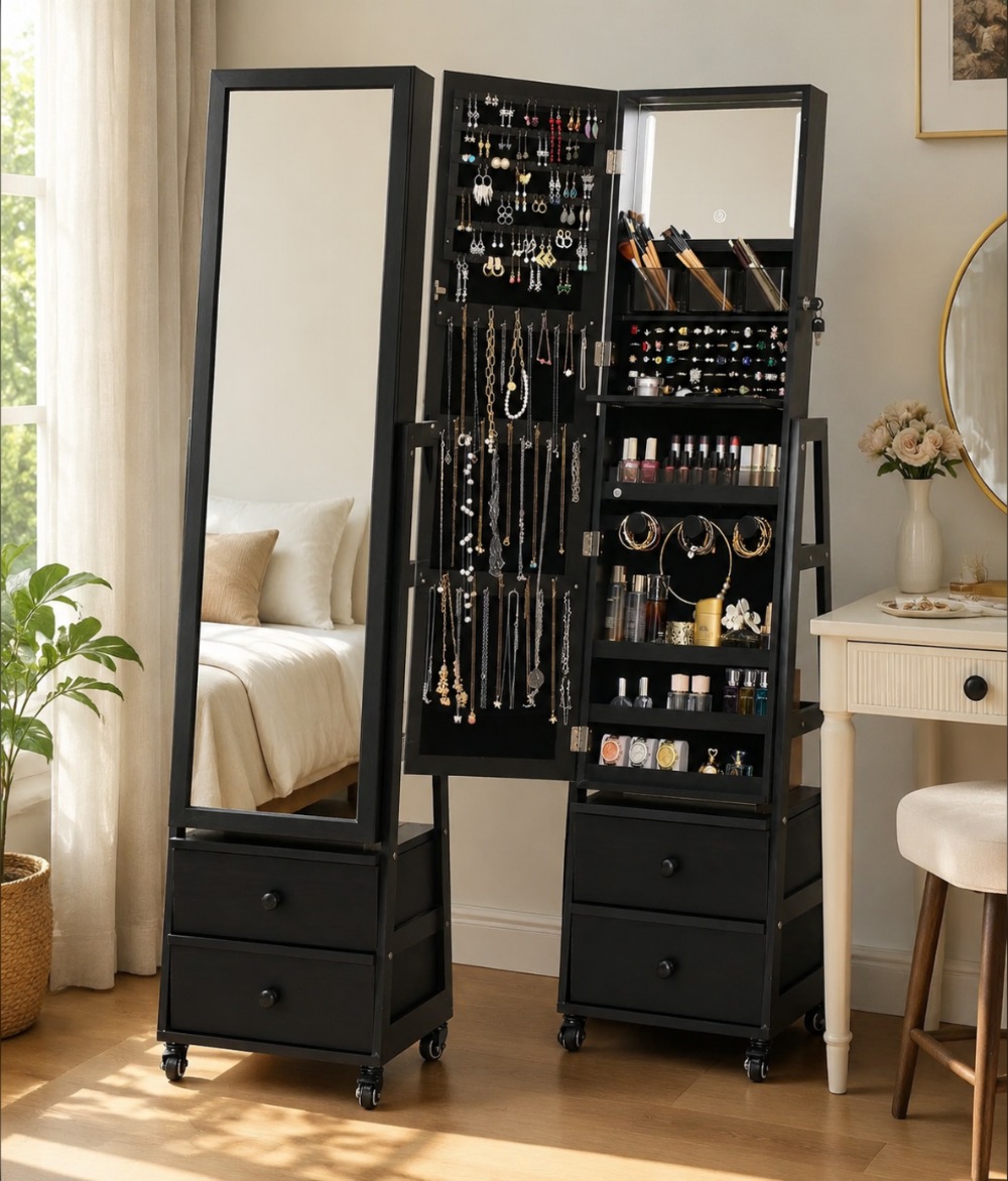 Full Length Mirror Jewelry Armoire - ตู้เก็บเครื่องประดับแบบตั้งพื้นพร้อมล็อคได้ มีกระจกยาวเต็มตัวและลิ้นชัก พร้อมล้อเลื่อน สีดำ
