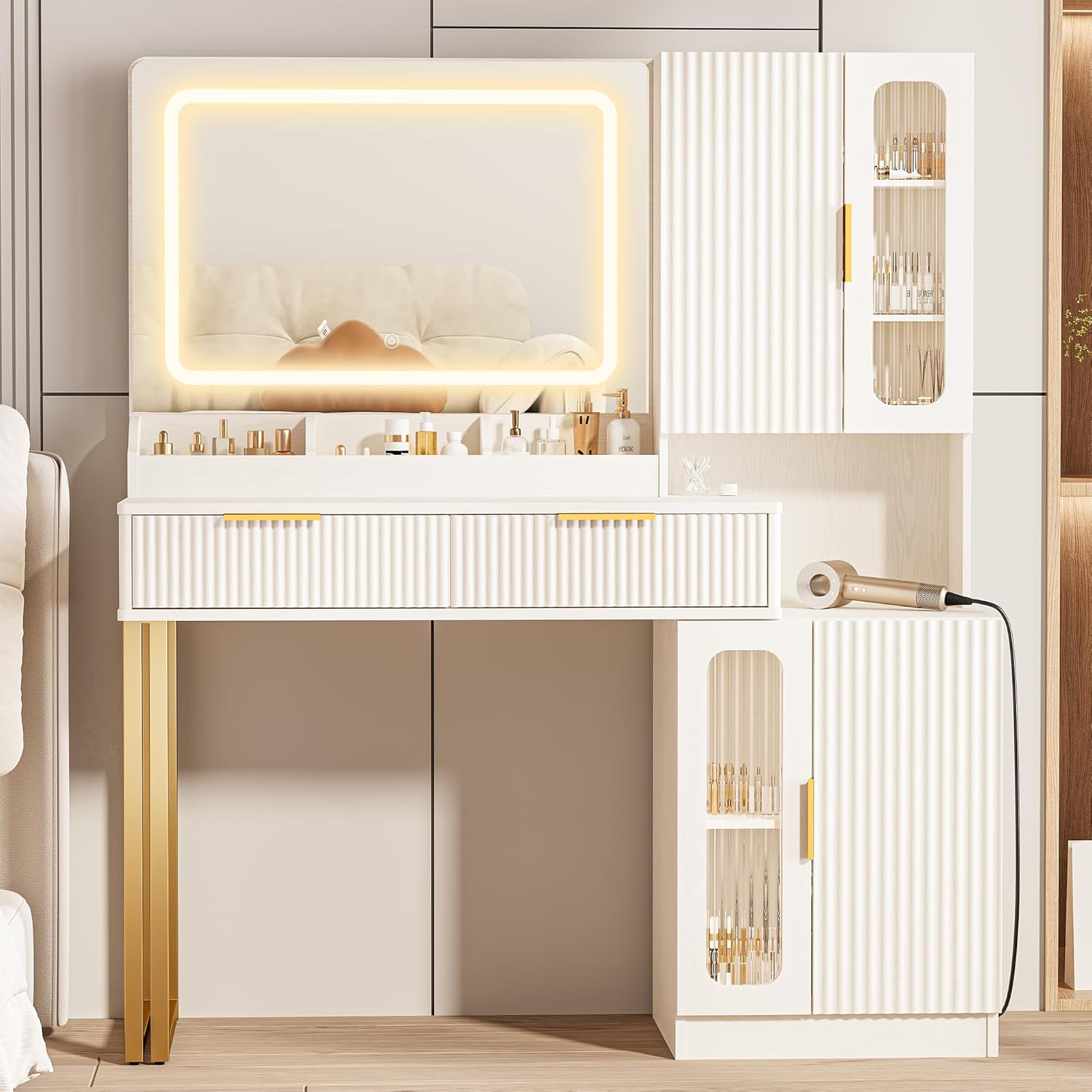 Dressing Table Vanity With Lighted Mirror - โต๊ะเครื่องแป้งพร้อมกระจกและไฟขนาด 42 นิ้ว, ตู้ 5 ชั้น
