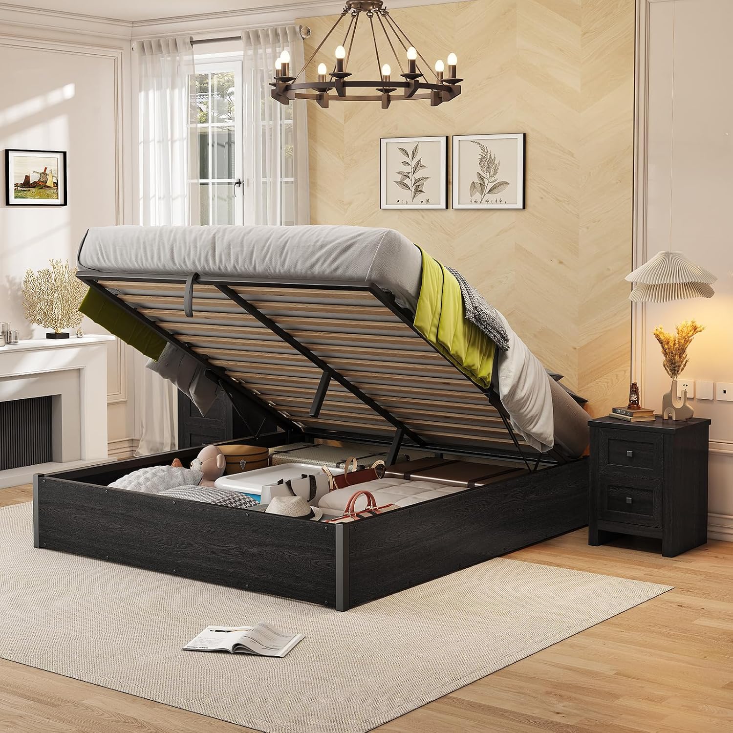 Gas Lift Storage Bed Hydraulic - โครงเตียงยกเก็บของได้ ทำจากไม้โอ๊คสีเข้ม พร้อมระบบยกไฮดรอลิกและที่เก็บของใต้เตียง สำหรับห้องนอน ขนาดควีนไซส์ ปรับแต่งได้