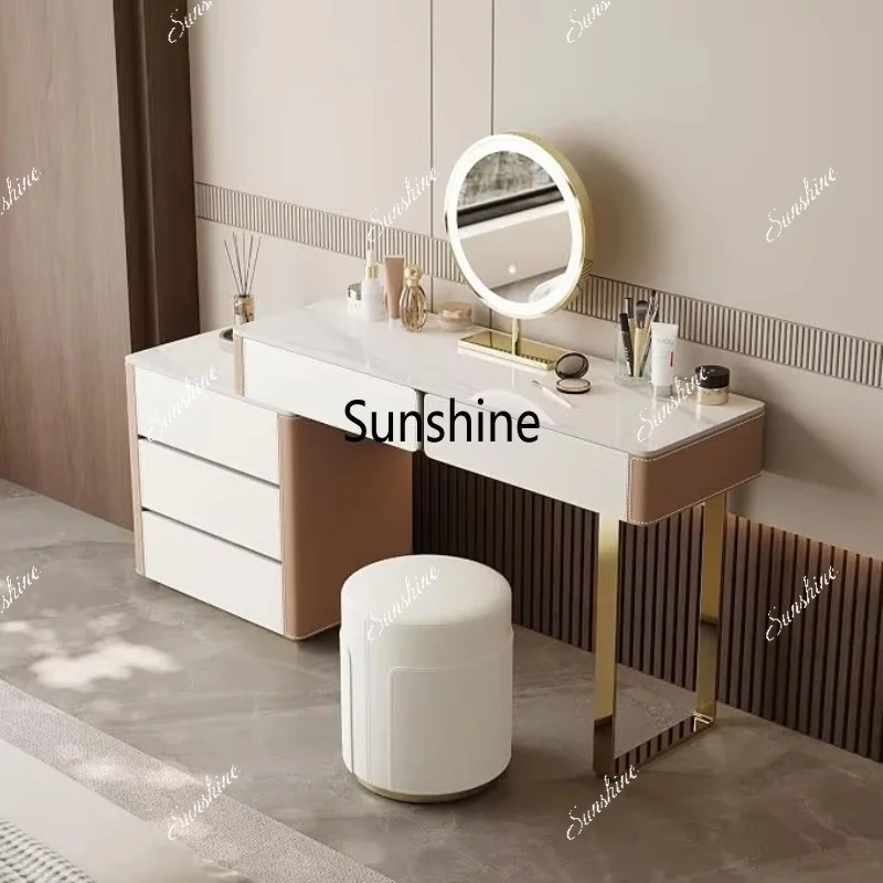 Dressing Table Vanity With Lighted Mirror - ชุดโต๊ะเครื่องแป้งหนังเทียม YFaux พร้อมกระจกมีไฟ LED โต๊ะเครื่องแป้งหรูหราพร้อมลิ้นชักเก็บของ