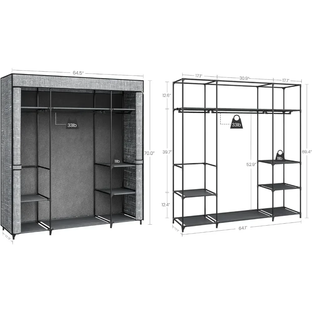 Wardrobe Closet Portable Fabric Cover - ตู้เสื้อผ้าแบบพกพาขนาด 64.5 นิ้วสำหรับห้องนอน, ราวแขวนเสื้อผ้า 3 ราวพร้อมผ้าคลุม,