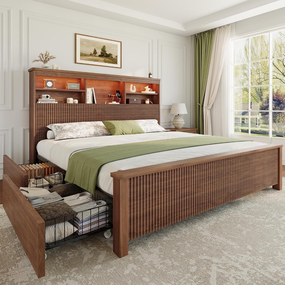 King Size Bed Frame With Storage Drawers - โครงเตียงขนาดคิงไซส์ พร้อมลิ้นชักเก็บของ 4 ช่อง สีน้ำตาล |