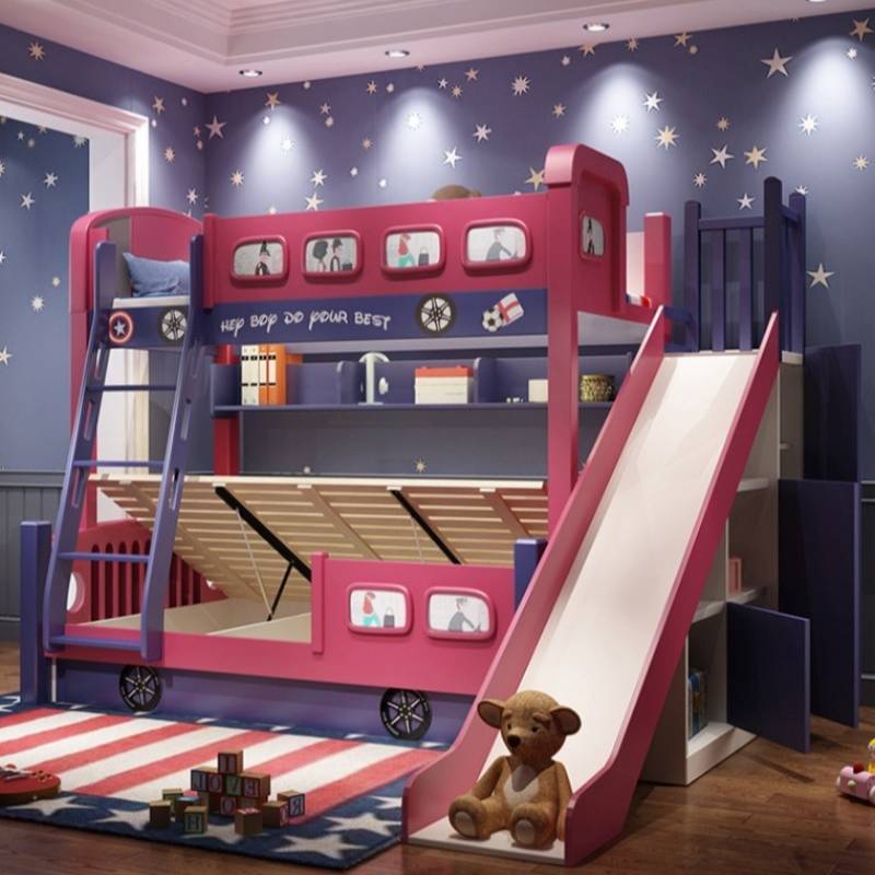 Bunk Bed With Stairs And Slide - เตียงเด็กสไตล์โมเดิร์นพร้อมสไลเดอร์ เตียงเดี่ยว เฟอร์นิเจอร์สำหรับเด็ก บันไดหรูหรา เตียงเด็กสองชั้นทำจากไม้