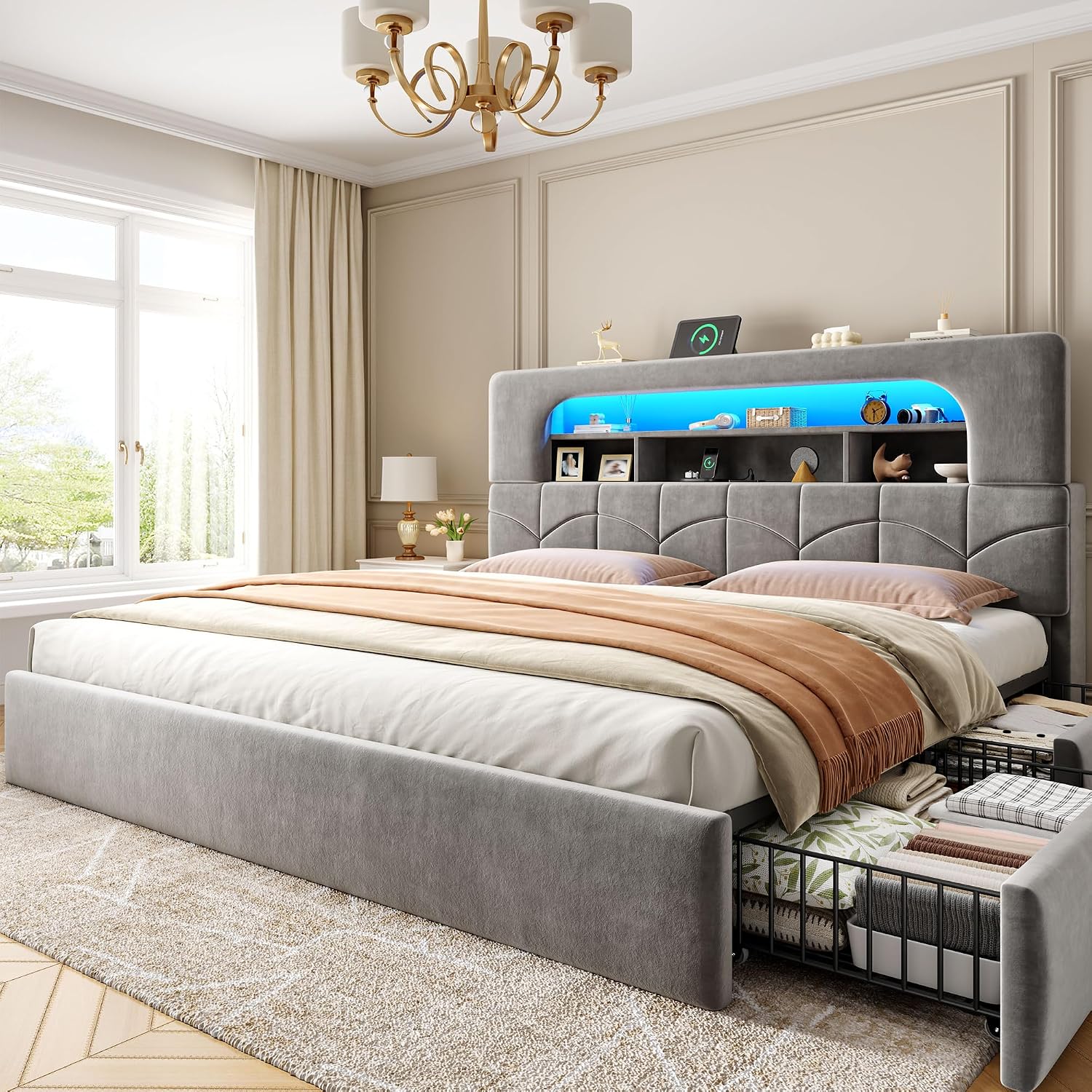 King Size Bed Frame With Storage Drawers - โครงเตียงขนาดคิงไซส์ พร้อมลิ้นชักเก็บของ 4 ช่อง และแท่นชาร์จ สีเทา
