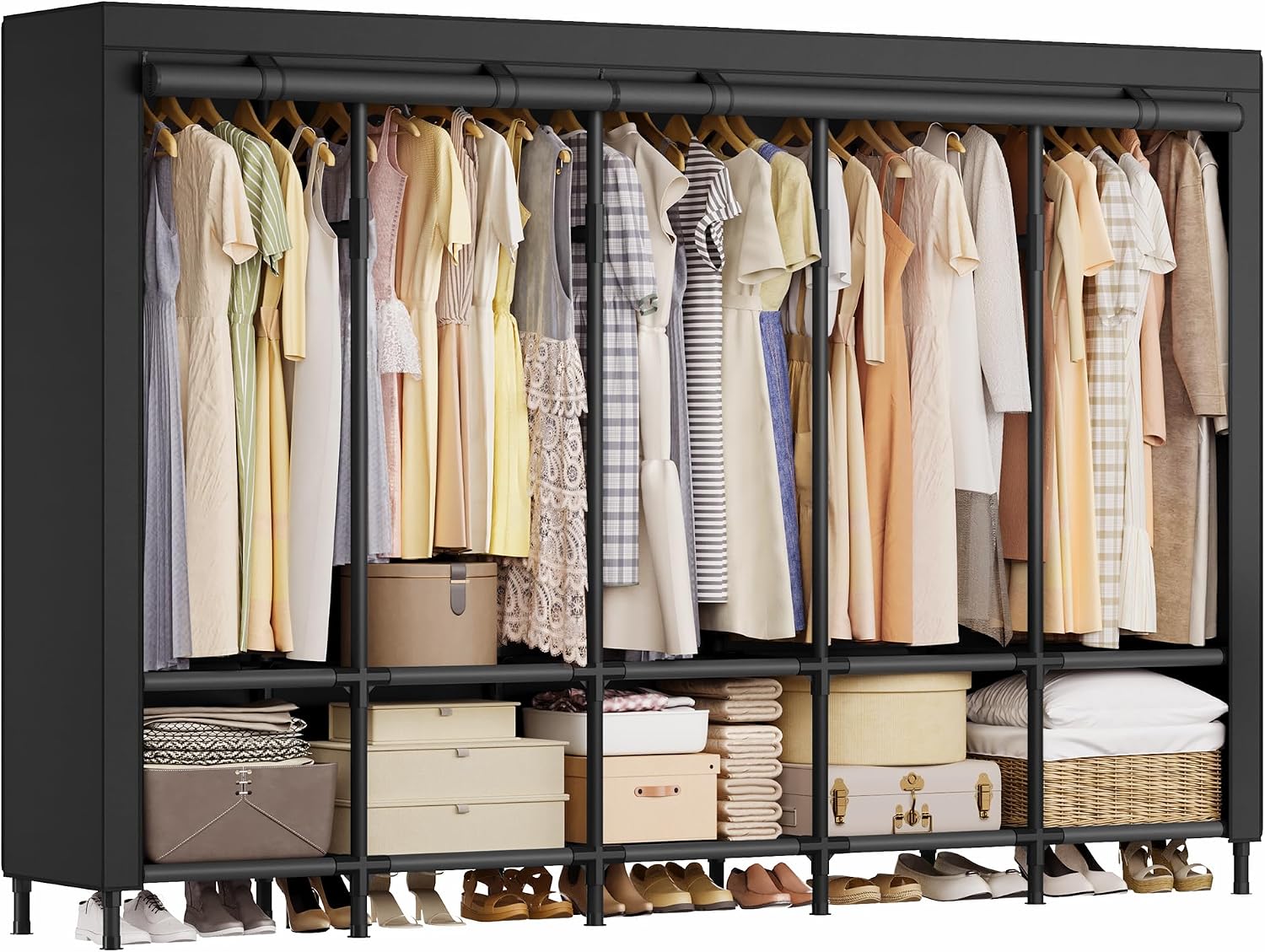 Wardrobe Closet Portable Fabric Cover - ตู้เสื้อผ้าแบบพกพาขนาด 83.5 นิ้ว พร้อมราวแขวน 5 ราวและชั้นวาง