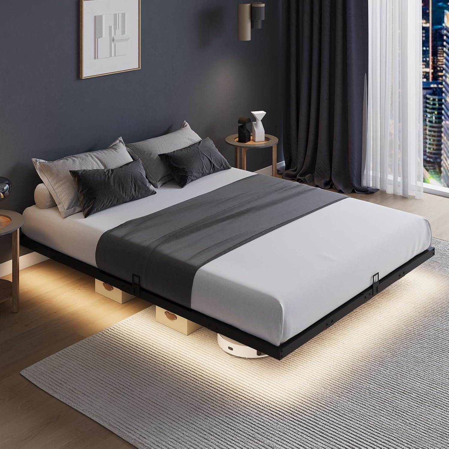 Memory Foam Mattress In A Box Queen - โครงเตียงแบบลอยตัวพร้อมไฟ LED, โครงเตียงควีนไซส์สไตล์โมเดิร์น, ตัวกันที่นอนเลื่อน, ประกอบง่าย, ไม่ต้องใช้ฐานรองที่นอน,