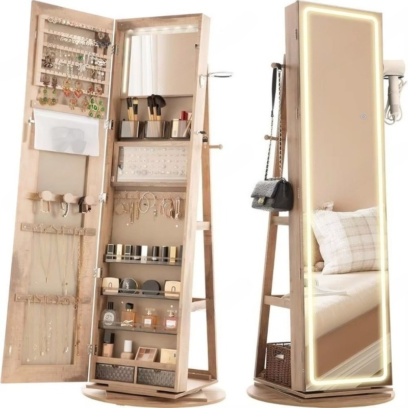 Full Length Mirror Jewelry Armoire - ตู้โชว์เครื่องประดับพร้อมกระจกตั้ง, 360 ° ตู้เก็บเครื่องประดับแบบหมุนได้ พร้อมกระจกเต็มตัวและไฟ LED