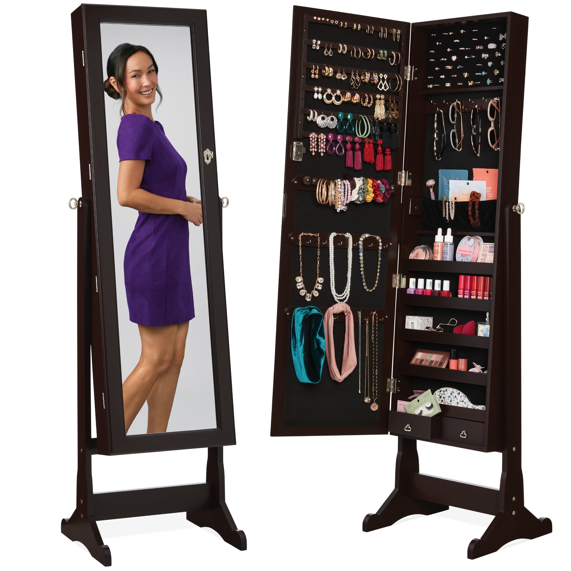 Full Length Mirror Jewelry Armoire - ตู้เก็บเครื่องประดับแบบตั้งพื้น, กระจกตั้งพื้นแบบเต็มตัว, ตู้เก็บเครื่องสำอางแบบมีกุญแจล็อค, บุด้วยผ้ากำมะหยี่