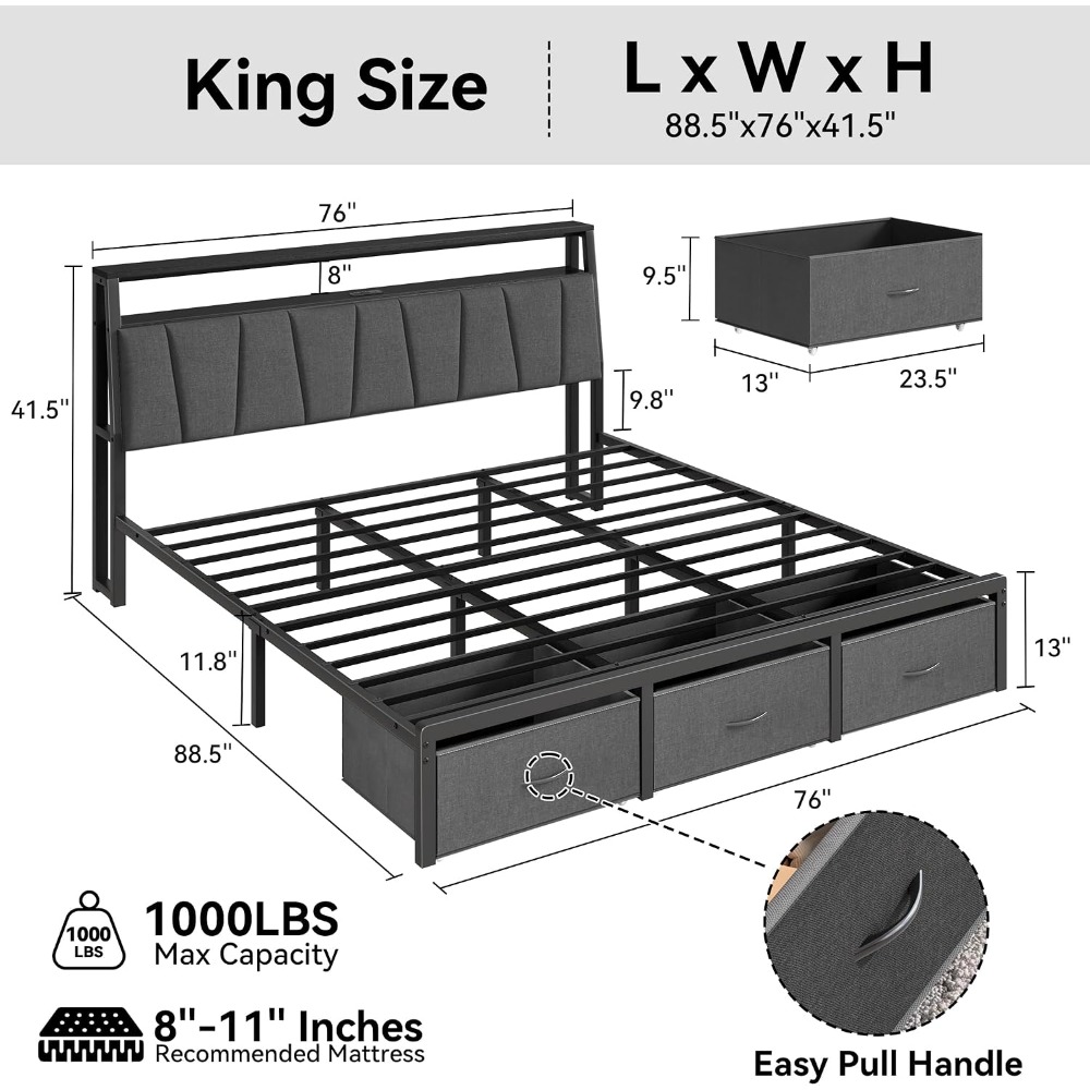 โครงเตียงขนาดคิงไซส์พร้อมหัวเต - King Size Bed Frame With Storage Drawers บทวิจารณ์และราคา