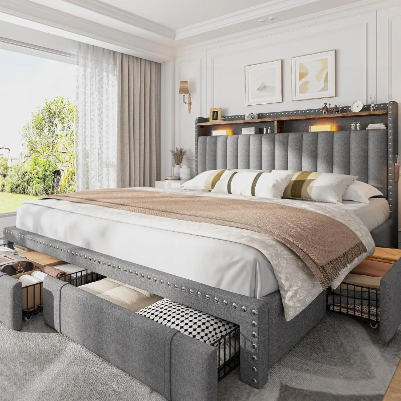 โครงเตียงขนาดคิงไซส์ EnHomee พ - King Size Bed Frame With Storage Drawers บทวิจารณ์และราคา
