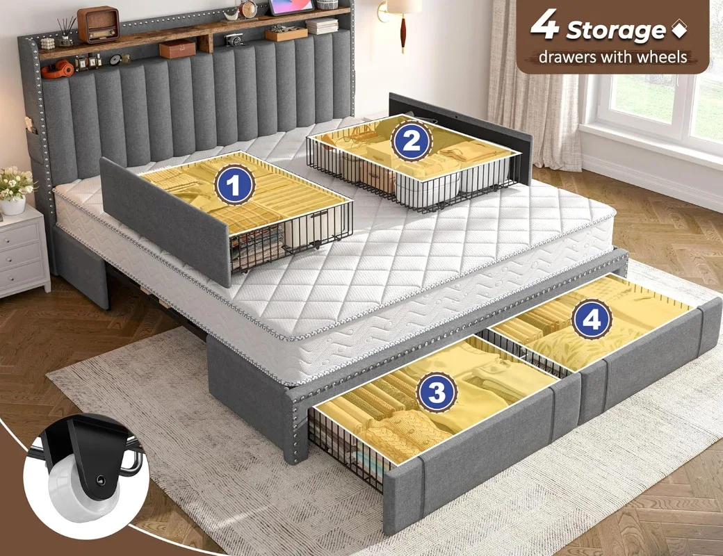 โครงเตียงขนาดคิงไซส์ EnHomee พ - King Size Bed Frame With Storage Drawers บทวิจารณ์และราคา